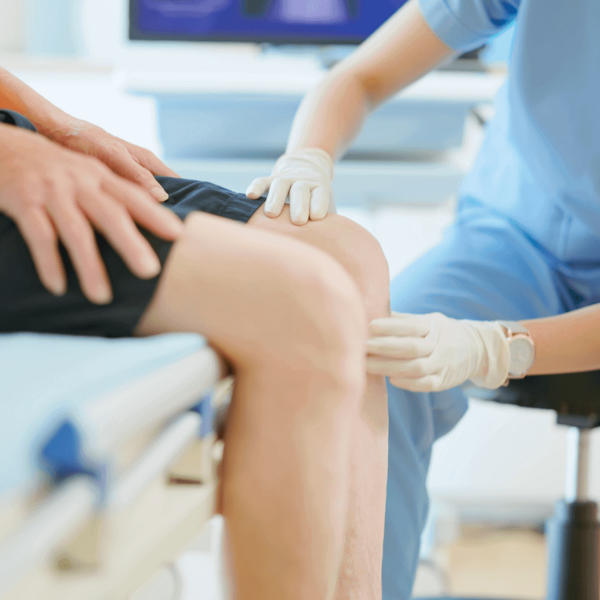 Das Bild zeigt eine Ärztin, die das Knie eines Patienten untersucht.